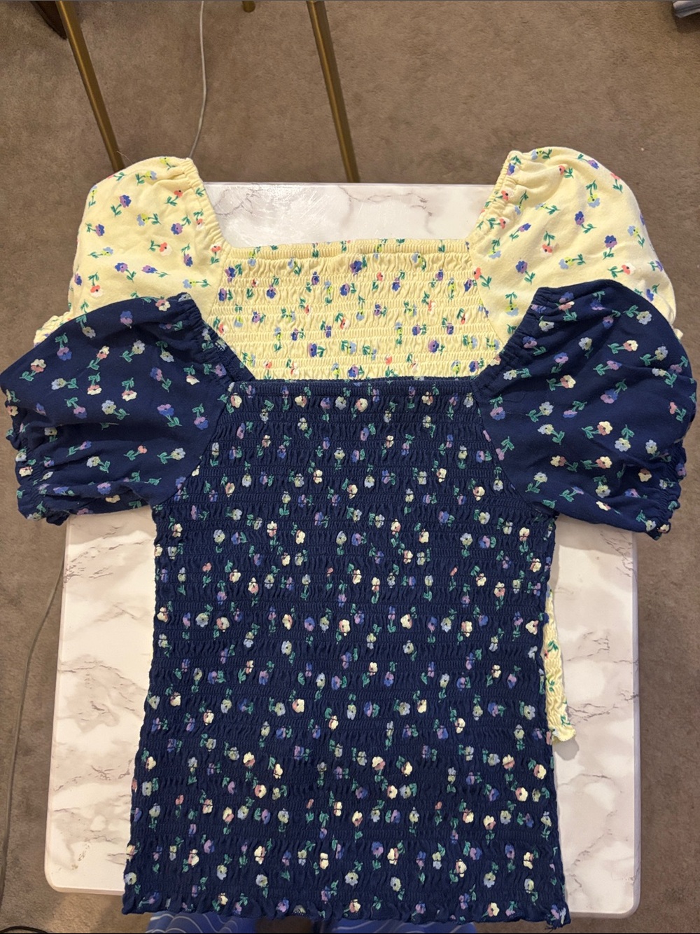Pair of Smocked Puff-Sleeve Floral Tee in Yellow & Navy